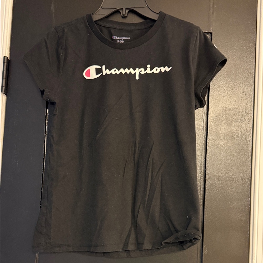 Champion Black Short Sleeve Tee with White Script and Red Logo - Kids